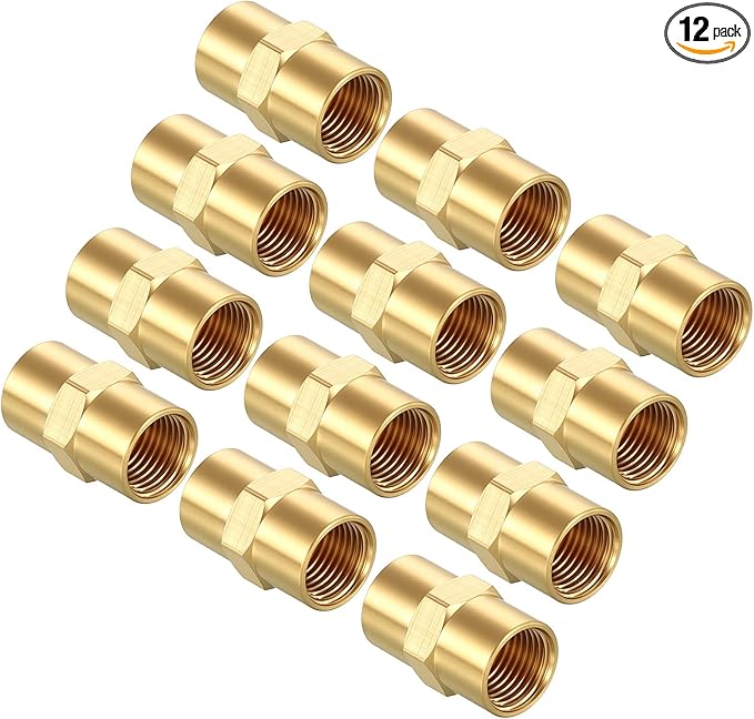 Pack of 12, 1/8" FeMale NPT to 1/8" FeMale NPT Solid Brass Pipe Fitting Coupler, Brass Coupling Hose Fittings Adapter for Pipe Leak Repair, Bathroom Remodeling, Tool Extensions