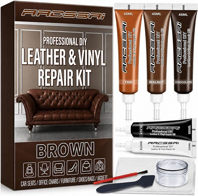 ARCSSAI ARCSSAL Brown Leather Repair Kit for Furniture, Leather Couch Repair Kit for Sofa, Jacket, Car Seats and Purse with Super Easy Instructions, Restores Any Material, Bonded, Pleather, Genuine