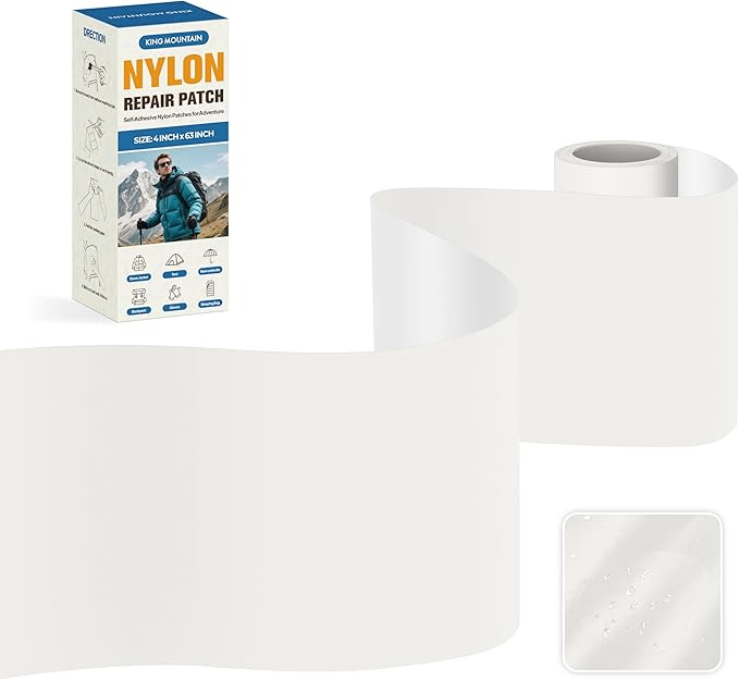 KING MOUNTAIN Self Adhesive Nylon Fabric Repair Tape, 4×63 Inches, Quick Down Jacket Repair Patch, Waterproof Outdoor Gear Patch Kit for Tent,Backpacks,Umbrella, Gloves, Sleeping Bag (White）