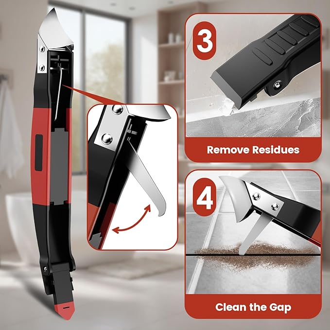 6 in 1 Silicone Caulking Tool Kit with Caulk Grout Remover Tool Sealant Finishing & Smoothing Tool, Grout Scraper, 6 Reusable Pads and Adhesive Residue Scraper for Kitchen Bathroom Tile Sink (Red)