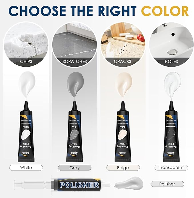 Quartz Countertop Repair Kit, Granite & Marble Repair Kit with 4*15g Filler(White,Beige, Gray,Clear), 30s Fast Repair Chip, Hole, Scratch, Crack on Fiberglass, Porcelain, Ceramic Tile, Bath Tub, Sink