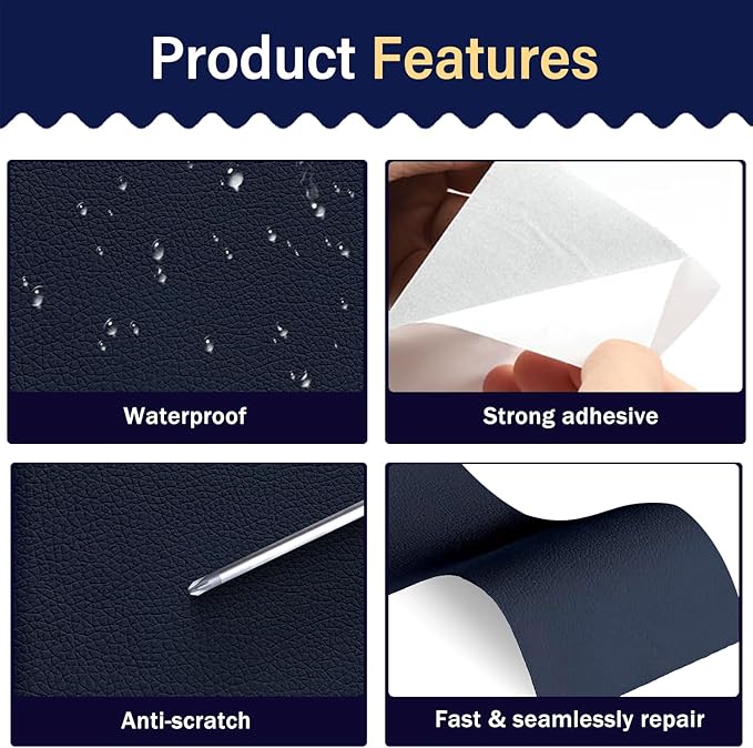 Zenyao Leather Repair Patch Tape - Self Adhesive Leather Repair Kit for Car Seat Furniture, Heavy Duty Vinyl Repair Patch for Couch Sofa, Waterproof Fix for Tears, 3x60 Inch Roll, Navy Blue