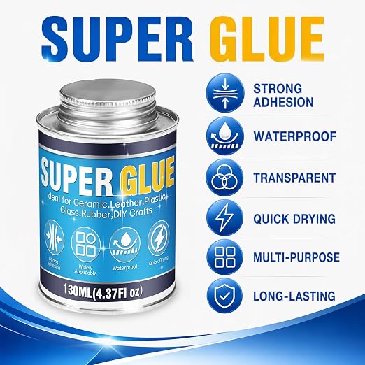 Super Glue, 4.37 Fl OZ All-Purpose Strong Adhesive for Plastic, Metal, Ceramic, Leather, Wood, Fast-Drying Cyanoacrylate Glue with Brush Applicator for DIY and Household Repairs, Long-Lasting Bond
