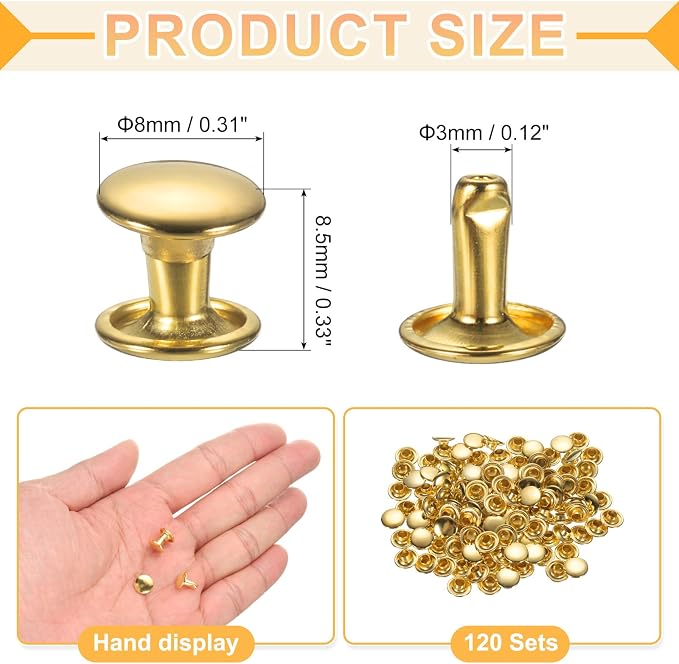 uxcell 120Set Leather Rivets, 8mm Double Cap Rivet Tubular Metal Studs Repairs Decoration Craft Accessories for Repair Decorate Leather Craft Belt Bag Shoes Purse Belts, Gold