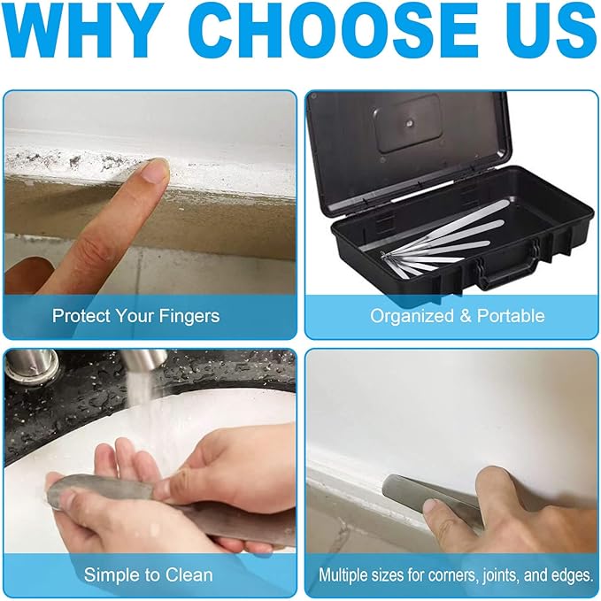 7-Piece Caulking Spatula Tool Set, Stainless Steel Caulk Finishing Tools with Curved Streamline Spatulas, Tip Widths from 3/8” to 1-1/2” for Sealing, Smoothing, and Adhesive Work