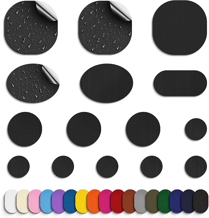 Self-Adhesive Nylon Patches Tent Repair Kit – Outdoor Gear Tenacious Repair Tape, Waterproof Fabric Patches for Clothes, Tent, Down Jacket, Backpack, 45pcs Black