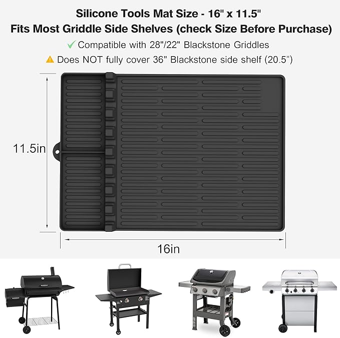 Silicone Grill Mat Compatible with Blackstone, BBQ Griddle Tools Mat with Drip Pad, Large Spatula Holder for Outdoor Kitchen Counter, Gifts for Men (Black)