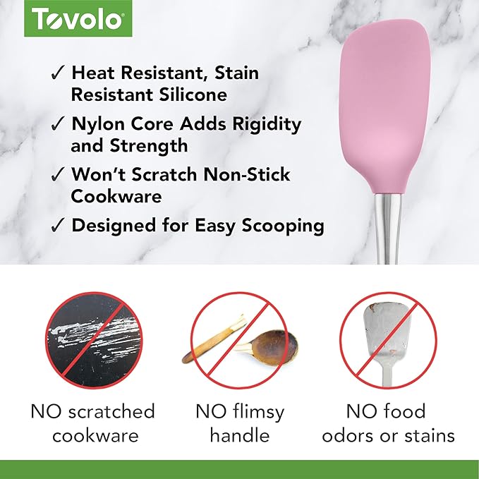 Tovolo Spoon Spatula Spoonula with Stainless Steel Handle Ergonomic Grip Pink Sorbet, Silicone Scoopula Kitchen Utensil Non Scratch Easy Clean Dishwasher Safe Heat Resistant Flex Core Scoop Spatula