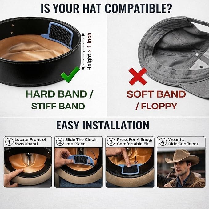 Cowboy Hat Retainer, Silicone Hat Size Reducer Rodeo | hard sweatband fit, leather band compatibility, hidden interior grip, wind control, felt and straw styles, rider accessory
