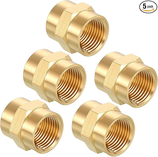 Pack of 5, 1/2" NPT FeMale to 1/2" NPT FeMale Solid Brass Pipe Fitting Coupler, Brass Coupling Hose Fittings Adapter for Pipe Leak Repair, Bathroom Remodeling, Tool Extensions