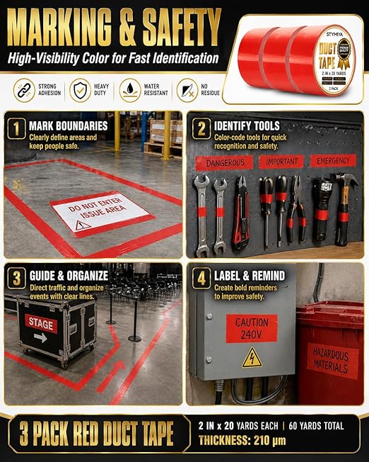 Red Duct Tape Heavy Duty: Wide Waterproof Outdoor Duck Furniture Repair Tape Bulk - Strong Adhesive Weather UV Resistant No-Residue Masking Tapes Patterns Variety Pack (3, Red)