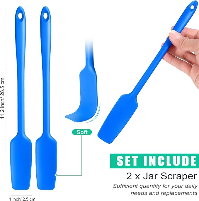 Patelai 2 Pieces Silicone Jar Spatula with Long Handle Heat Resistant Kitchen Scraper Spatula Non Stick Rubber Silicone Scraper for Jam Smoothies Blenders Cooking Baking Stirring (Blue)