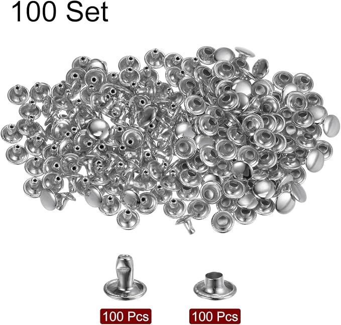 HARFINGTON 100 Sets Leather Rivets 6 x 8mm Metal Double Cap Rivet Snaps Studs Fasteners with 3pcs Setting Tools for Leather Craft DIY Repair Decoration, Silver Tone