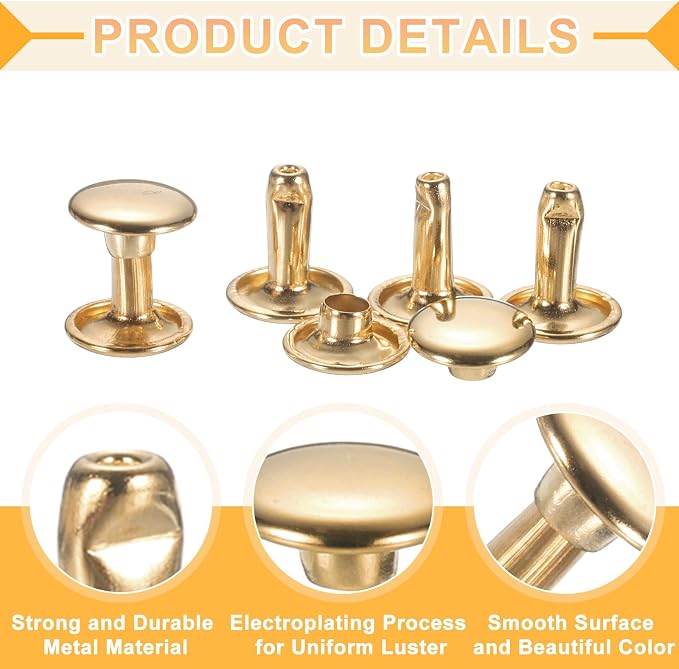 uxcell 120Set Leather Rivets, 9mm Double Cap Rivet Tubular Metal Studs Repairs Decoration Craft Accessories for Repair Decorate Leather Craft Belt Bag Shoes Purse Belts, Light Gold