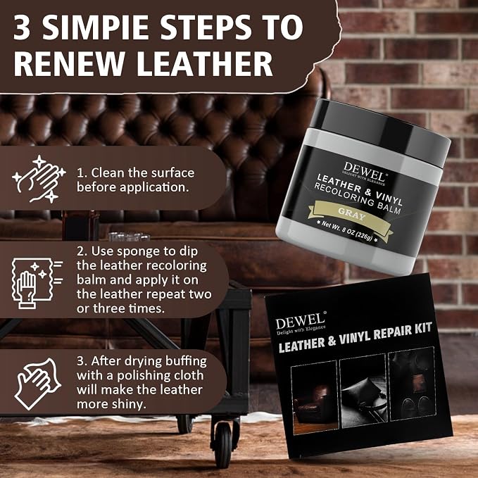 DEWEL Leather Recoloring Balm, Gray Leather Color Restorer for Scratched and Faded, Leather Scratch Remover, Upgrade Leather Repair Kit for Restore Couches, Car Seats, Shoes, Boots