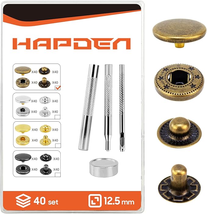 Leather Snaps and Fasteners Kit，12.5mm 40 Sets Metal Snap Buttons with Setter Tools， Sewing Snaps for Clothing，Fabric，Leather, Clothes, Jackets, Bags, DIY Crafting（Bronze）