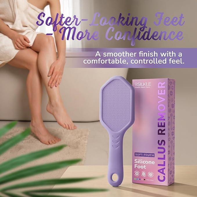 SILKLE Nano Glass Foot File - Silicone Foot Callus Remover for Feet and Cracked Heels - Heel Scraper for Dead Skin - Ergonomic Foot Scrubber & Exfoliator for Shower with Non-Slip Grip - Purple