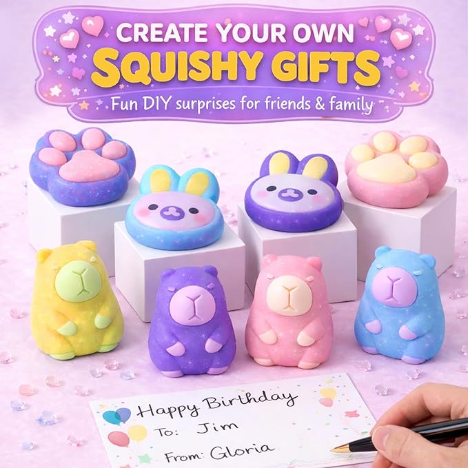 Jim&Gloria Glow in the Dark DIY Squishy Making Kit - Make Your Own Squishies All-in-One Squishy Maker Craft Kit with 1:1 Liquid Silicone, 3 Cute Animal Molds Mini Paw, Capybara, and Bunny Easter Gifts
