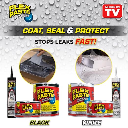 Flex Paste, Waterproof Paintable Putty, Spackle Sealant, Fill Gaps Cracks Holes - Block Out Water and Air - UV Resistant - Walls, Drywall, EPDM, Concrete, Roof, RV Repairs, Black, Half-Quart