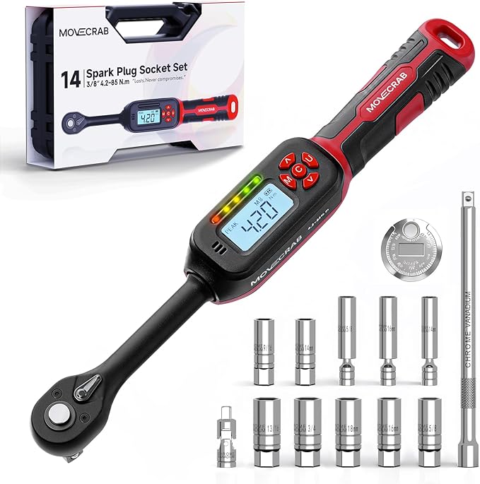 14-Piece 3/8-Inch Drive Spark Plug Socket Set with Torque Wrench (3-62.6 Ft.Lb / 4.2-85 N.m), Magnetic Swivel Socket, Universal Joint & Extension Bar, CR-V Steel for Auto Repair