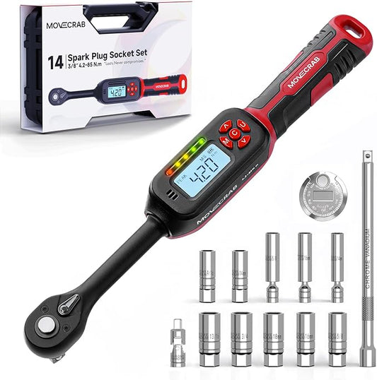 14-Piece 3/8-Inch Drive Spark Plug Socket Set with Torque Wrench (3-62.6 Ft.Lb / 4.2-85 N.m), Magnetic Swivel Socket, Universal Joint & Extension Bar, CR-V Steel for Auto Repair