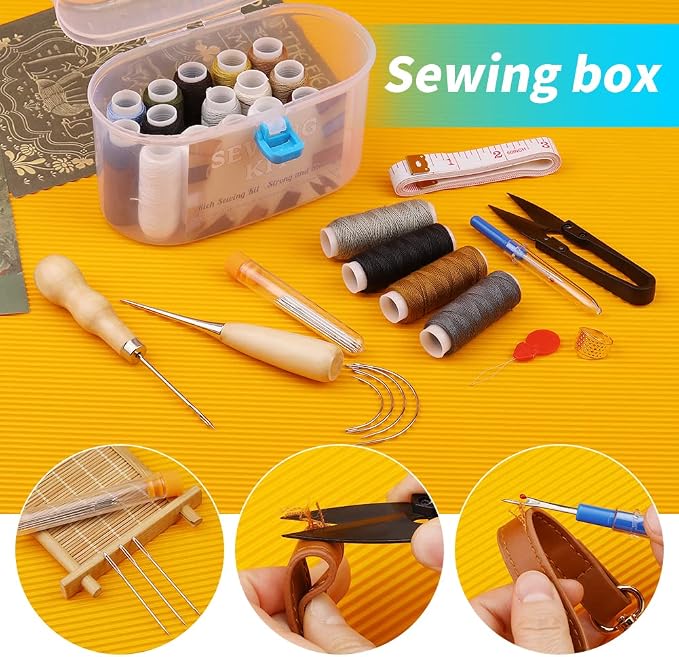 FTEVEN 43 Pieces Upholstery Repair Sewing Kit, Heavy Duty Sewing Kit with Leather Sewing Thread, Big Eye Sewing Needle, Sewing Awl for Furniture,Car, Sofa, Backpack, Shoe, Craft DIY