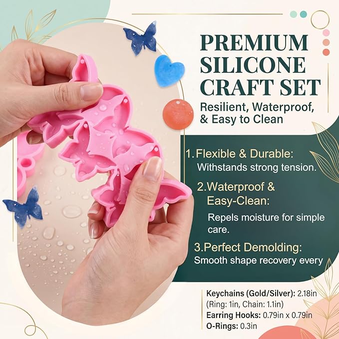 Resin Molds Silicone Kit, Epoxy Casting Keychain Molds with Circle Heart Butterfly Shapes, DIY Jewelry Making Supplies with Keyrings and Ear Hooks for Crafts
