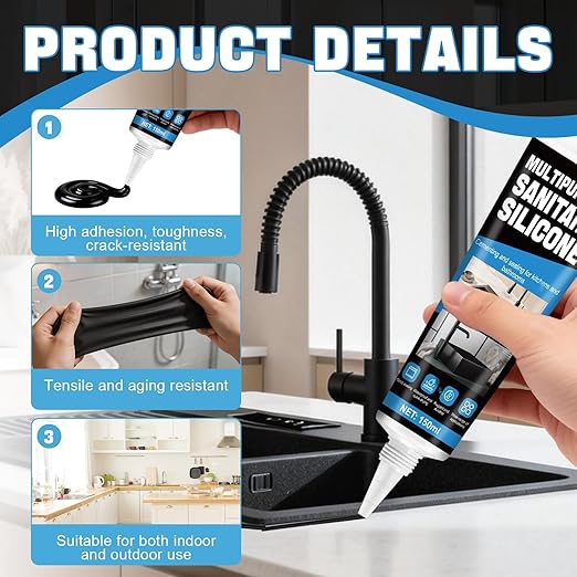Black Silicone Sealant Waterproof, RTV Silicone Caulk for Outdoor and Indoor, High Temp Silicone Adhesive for RV, Window, Bathroom, Shower, Tub Caulking, Big Stretch Black Caulk,150ml