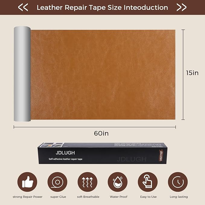 JDLUGH Sofa Leather Repair Patch Tape, Large Self Adhesive Couch, Car Seat, Office Chair, Leather Furniture, Vinyl Repair Patch Kit for Furniture (15 * 60 Inch, Yellow-brown2.0)