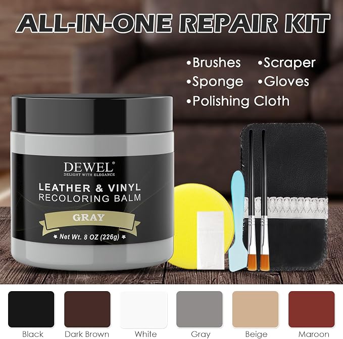 DEWEL Leather Recoloring Balm, Gray Leather Color Restorer for Scratched and Faded, Leather Scratch Remover, Upgrade Leather Repair Kit for Restore Couches, Car Seats, Shoes, Boots