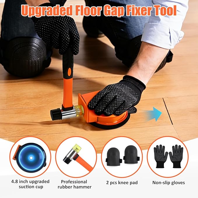 Floor Gap Fixer Tool Kit with Enhanced Vacuum Suction Cup & Rubber Mallet, Floor Gap Repair Tool for Laminate, LVP & Engineered Wood with Knee Pads and Anti-Slip Gloves