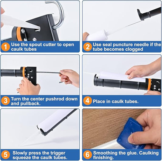 Professional Caulk Gun Kit, White Silicone Sealant + Caulk Gun + Caulking Tool Kit - All-Purpose 100% Silicone Caulk (10 oz Tube), with Caulk Gun, Smoothing Tool, Scraping Tool and Masking Tape