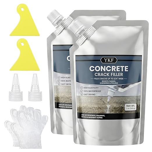 YKF Concrete Crack Filler 2-Pack (2.2 lbs) - Self-Leveling Liquid Cement Sealant for Driveways & Garage Floors - Waterproof, High Elasticity Value Bundle - Gray
