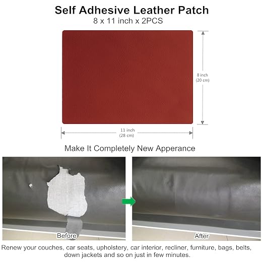 ILOFRI Leather Repair Patch 8x11 inch 2 Pcs, Durable Self Adhesive Vinyl and Leather Repair Kit for Couch, Car Seats, Boat Seat, Furniture, Upholstery, Auto Interior, Sofa, Chair -Dark Red