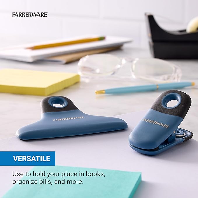 Farberware Pro 4-Piece Bag Clip Set (Blue & Green) - Durable Magnetic Clips for Kitchen Essentials, Pantry Accessories, Food Storage, Office Notes, Coupons, Home Organization