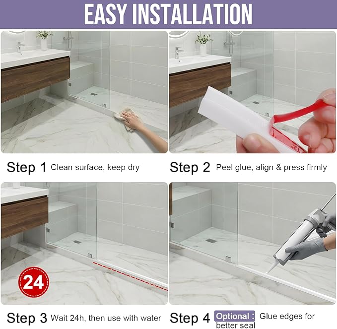 Shower Threshold Water Dam Barrier - Versatile, Silicone Shower Water Guard Stopper Seal Strip for Bathroom Floor, Bathtub Rim, Kitchen Countertop (White, 138 In/ 3.5M)