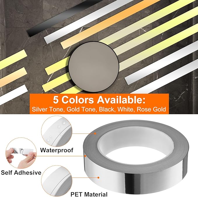 HARFINGTON 2Pcs Floor Tiles Silver Foil Lines Metallic Mirror Tape 0.98" x82 Ft Ft Self Adhesive Decor Floor Wall Seam Sticker Waterproof Gap Sealing Tape for Kitchen Bathroom Cabinet