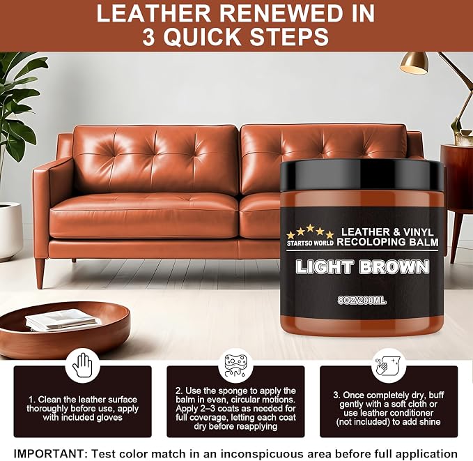 STARTSO WORLD Light Brown Leather Recoloring Balm, Leather Repair Kit for Furniture, Couches & Car Seats, Leather Paint, Leather Color Restorer, Leather Scratch Remover