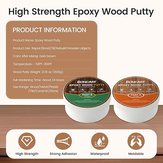 Boncart Epoxy Wood Putty, High Strength Filler Putty, Stainable 2-Part Epoxy Filler, 21.16 oz Structural Wood Repair Kit, Wooden Furniture Repair Kit for Damages (Dark Brown)