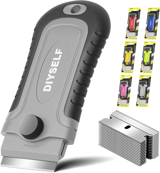 DIYSELF Razor Blade Scraper, 1 Pack Razor Scraper with 15 Razor Blades, Ergonomic Handle, Scraper for Cleaning Glass Stove Top, Windows, Razor Scraper Tool for Oven Door, Cooktop
