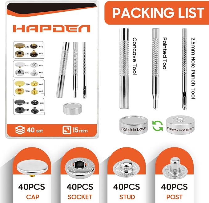 Leather Snaps and Fasteners Kit，15mm 40 Sets Metal Snap Buttons with Setter Tools， Sewing Snaps for Clothing，Fabric，Leather, Clothes, Jackets, Bags, DIY Crafting （Silver）