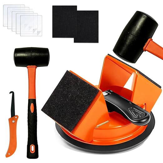 Floor Gap Fixer Tool with Strong Suction Cup & 45° Striking Surface,Includes Slot Cutter,Rubber Mallet,2 Felt Pads and 5 Clear Shims,for Laminate,Vinyl and Solid Wood Flooring Installation & Repair
