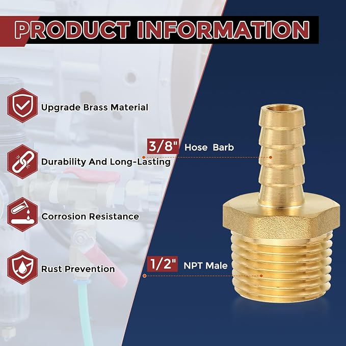 Pack of 1 Brass Hose Barb Fittings 3/8" Hose Barb to 1/2" NPT Male Fittings