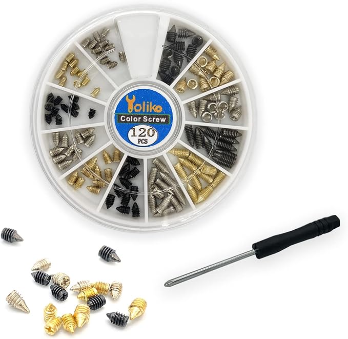 120 Pcs Nickel Plated Tip Screws Pointed Cross Slot Leather Accessories 3 Colors 4 Sizes Belt Screws Include M2x3，M2.5x4，M2.5x6，M3x5 with 2mm Screwdriver for Belt Buckle Wallet Handbag Purse