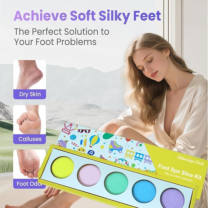 Foot Bath Bombs with 5 Foot Files - 5 Scented Foot Soak Tablets for Dry Cracked Heels, Callus Remover Tool Kit, Relaxing Spa Pedicure Set for Home, Gift for International Women's Day