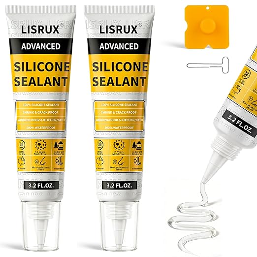 LISRUX Advanced Clear Silicone Caulk for Kitchen & Bathroom - 2 Pack (3.2 Fl Oz Each) | 100% Waterproof Silicone Sealant | Super Strong Adhesion, Shrink & Crack Proof