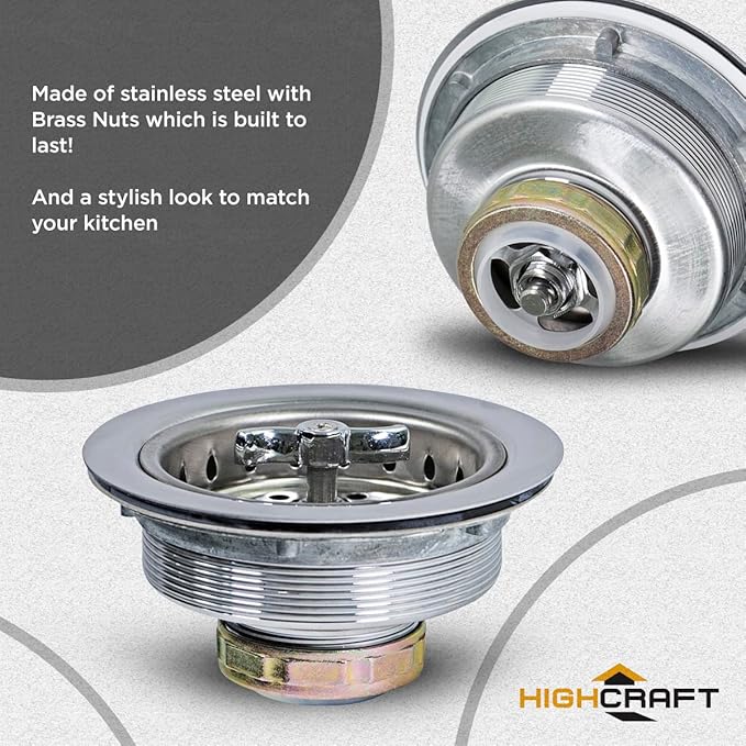 Highcraft 9763 Kitchen Sink (3-1/2 Inch) Stainless Steel Drain Assembly With Strainer Basket Spin and Seal With Threaded Stopper
