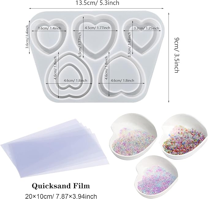 Resin Shaker Silicone Molds, Heart-Shaped Quicksand Silicone Molds Resin Casting Molds Epoxy with PVC Sheets and Colored Beads for Jewelry Making