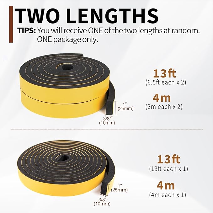 Yotache Foam Strips with Adhesive 1" W X 3/8" T, (New Adhesive Craft) Black Foam Insulation Weather Stripping Door Seal Tape, 13 Ft Length