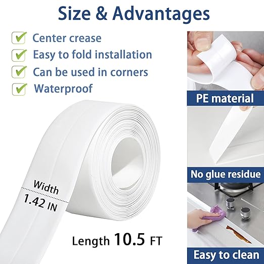 Caulk Tape, Caulk Tapes Waterproof Self Adhesive, Traditional Caulking Sealant Replacement, Caulking Strips for Toilet, Bathroom, Sink, Bathtub, Floor Wall Edge Protector（1.42" x 10.5Ft）